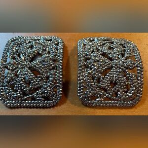 Vintage Art Deco French Silver Rhinestone Shoe Buckle Clips Pair France 2 Inch